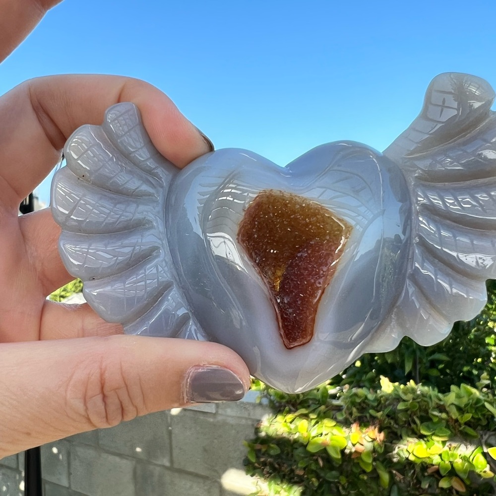 Moody gray blue agate heart with wings